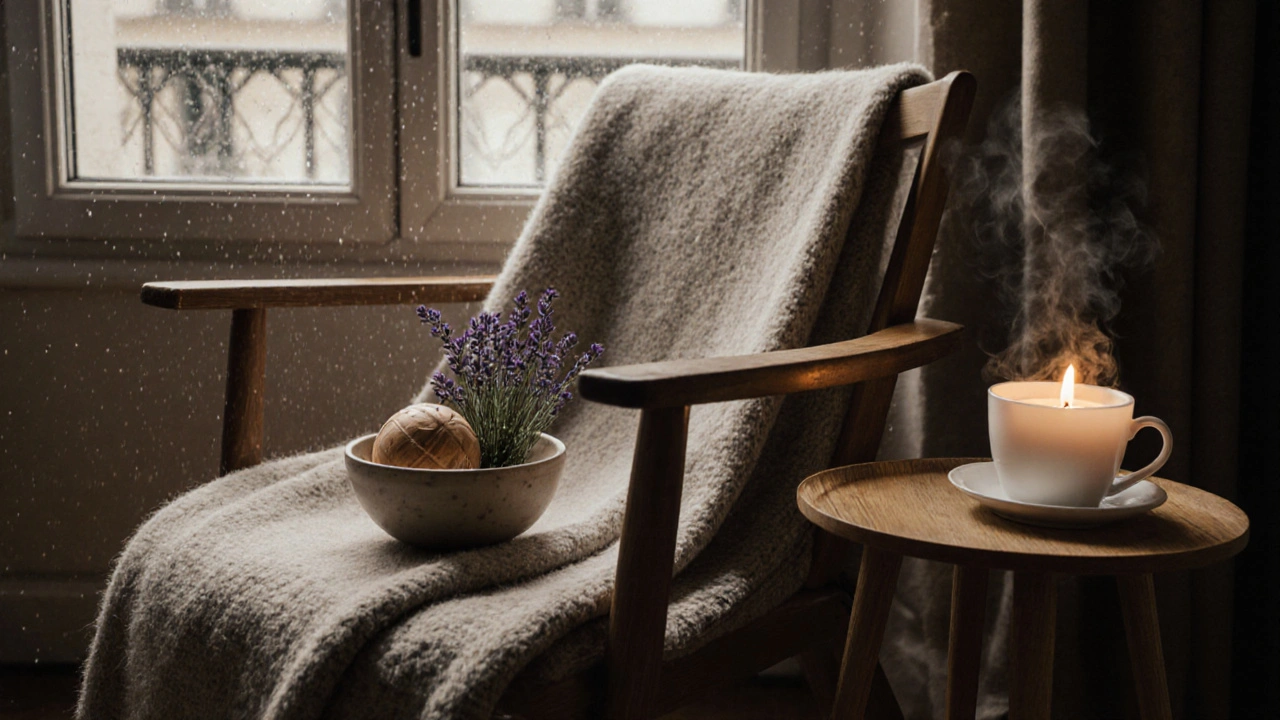 Coin détente à domicile avec bougie, lavande, couverture en laine et tisane.