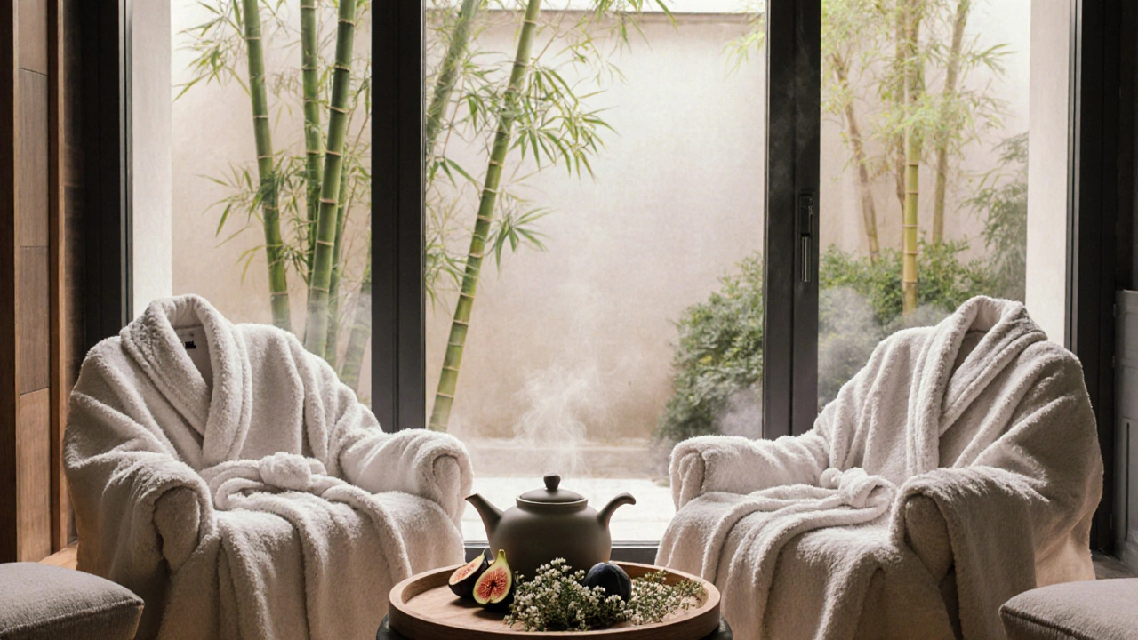 Coin détente après un massage : thé, fruits frais et coussins, près d'une fenêtre donnant sur un jardin intérieur.