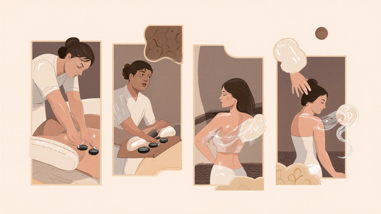Collage illustré montrant cinq techniques de massage : huile, pierres, érotique, thaï, Nuru.