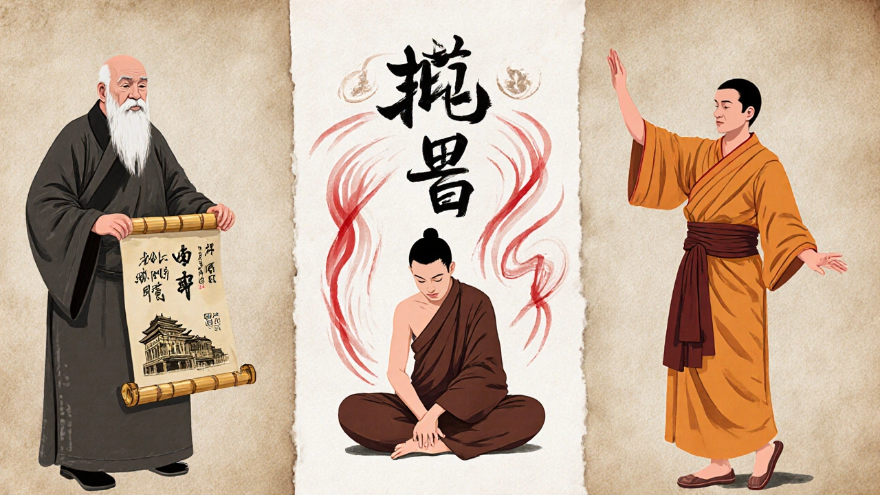 Collage illustré montrant les origines chinoises, japonaises et thaïlandaises du massage asiatique.
