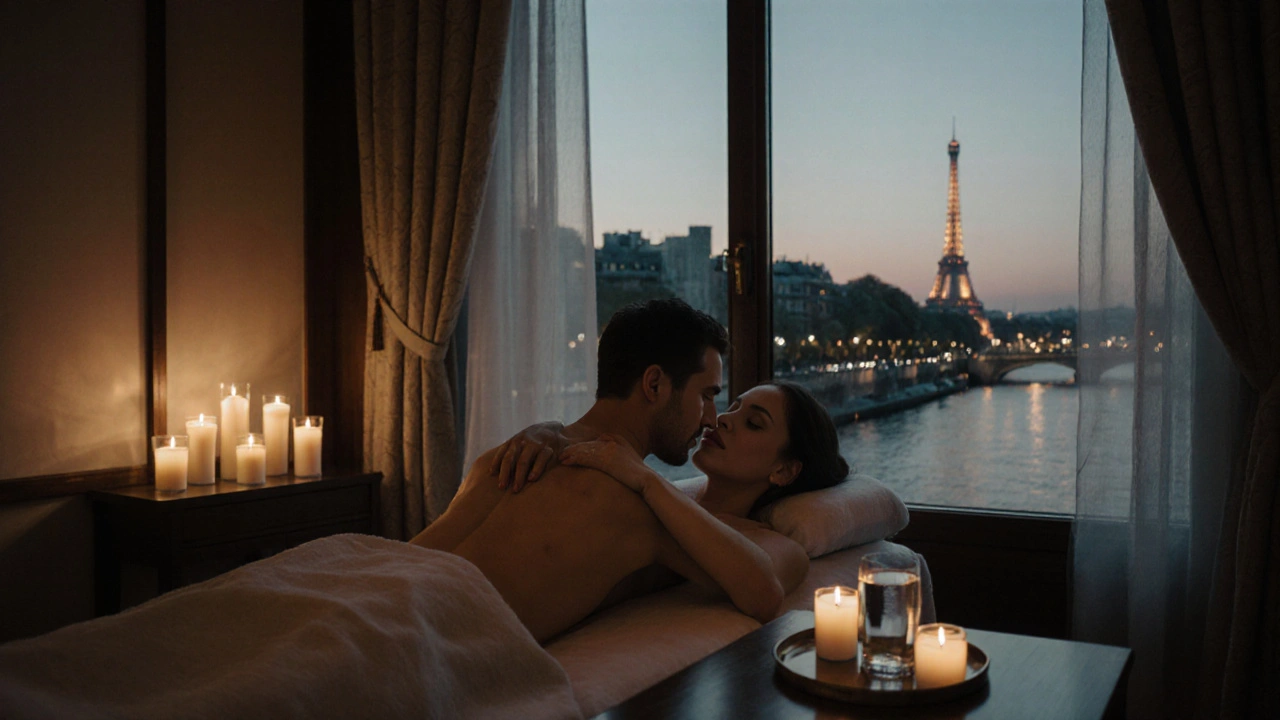 Couple en duo massage, lumière de bougies, vue sur la Seine et la tour Eiffel.