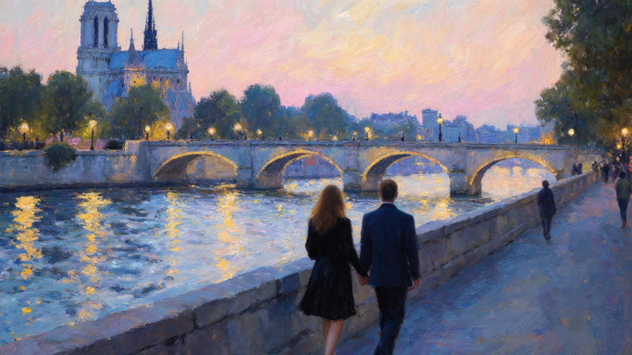Couple marchant main dans la main le long de la Seine au crépuscule, reflet des lumières parisiennes.