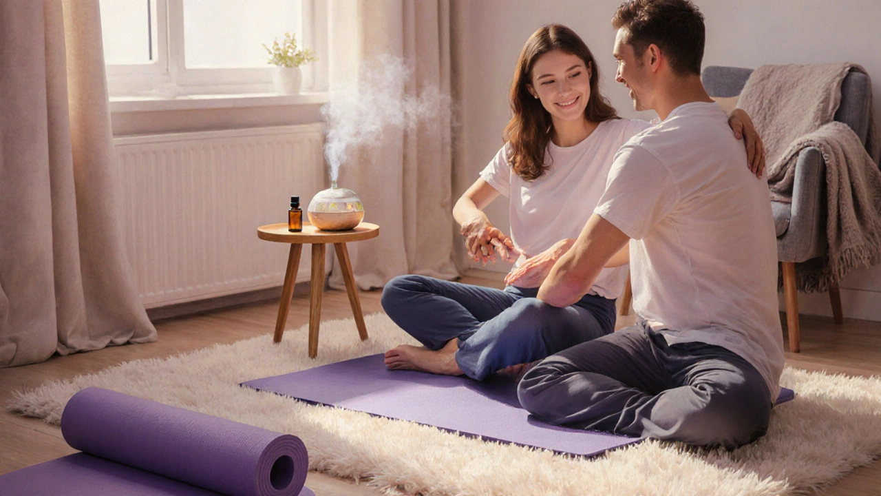 Couple pratiquant un massage à domicile entouré d'accessoires de bien‑être.