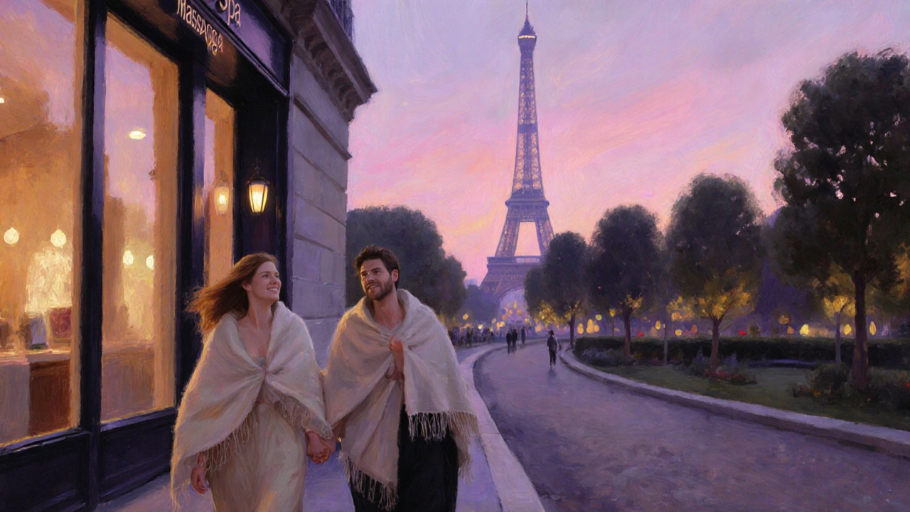 Couple sort d’un spa parisien, se promenant détendu dans le Jardin du Luxembourg au crépuscule.
