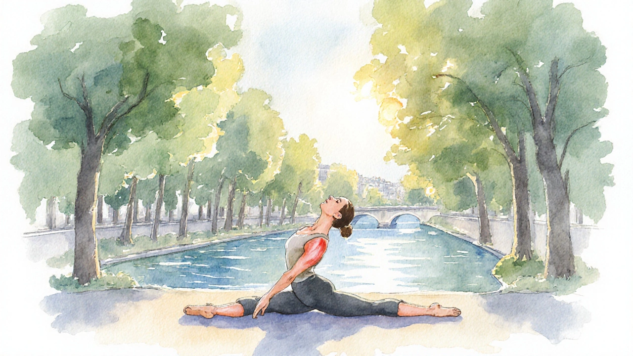 Danseur s&#039;étirant dans le parc de Bercy, illustrant la souplesse après un massage.
