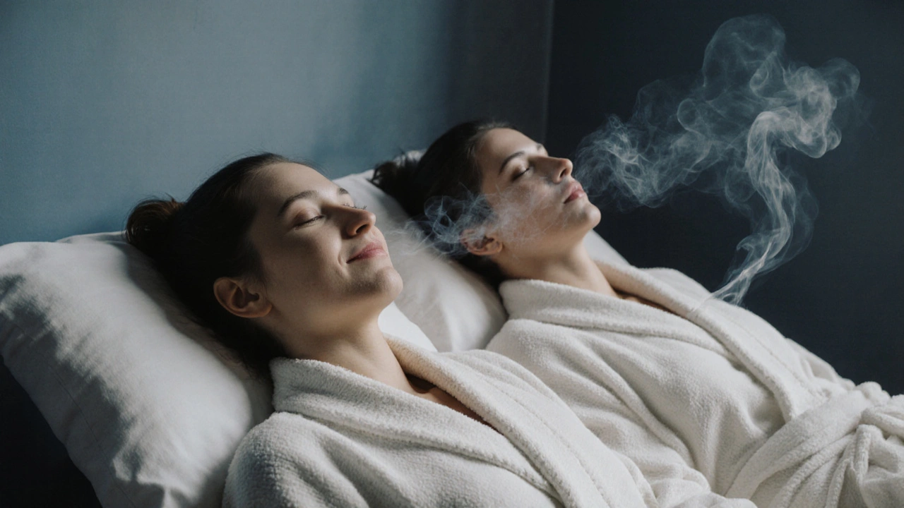 Deux personnes en massage en duo, yeux fermés, dans une pièce douce aux murs bleus.