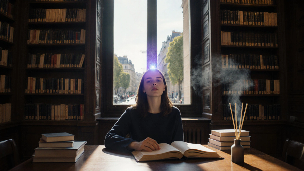 Étudiant à la bibliothèque avec une lueur au sommet de la tête, illustrant clarté mentale.