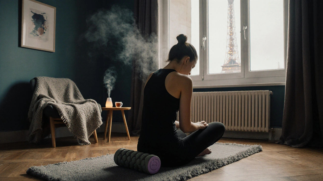 Femme pratiquant l'auto‑massage sur un tapis, diffuseur d'huile de lavande, ambiance cosy avec vue sur Paris.
