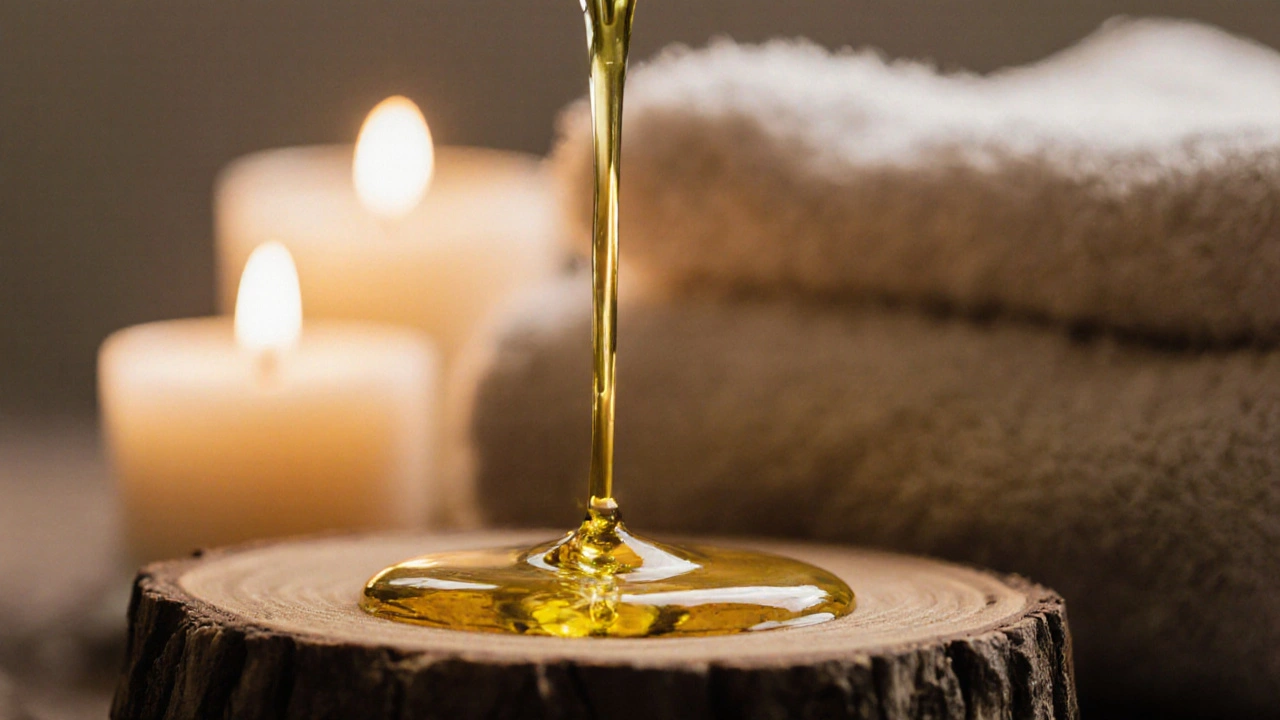 Huiles naturelles de massage versées sur du bois, dans une ambiance apaisante et épurée.