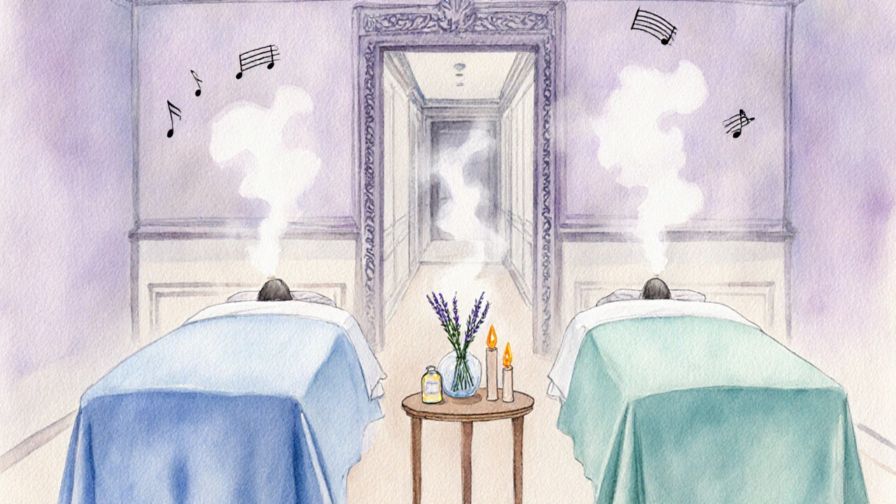 Illustration à l’aquarelle d’une salle de spa parisienne avec deux tables de massage, huiles essentielles et ambiance relaxante.