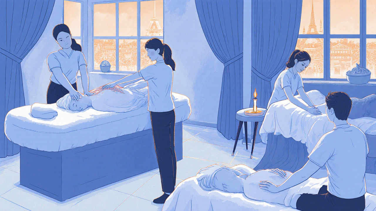 Illustration montrant quatre styles de massage dans un spa parisien moderne.
