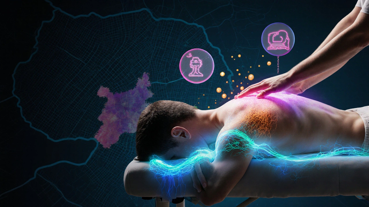 Illustration montrant une séance de massage avec flux de sang bleu‑vert et particules de cortisol qui disparaissent.