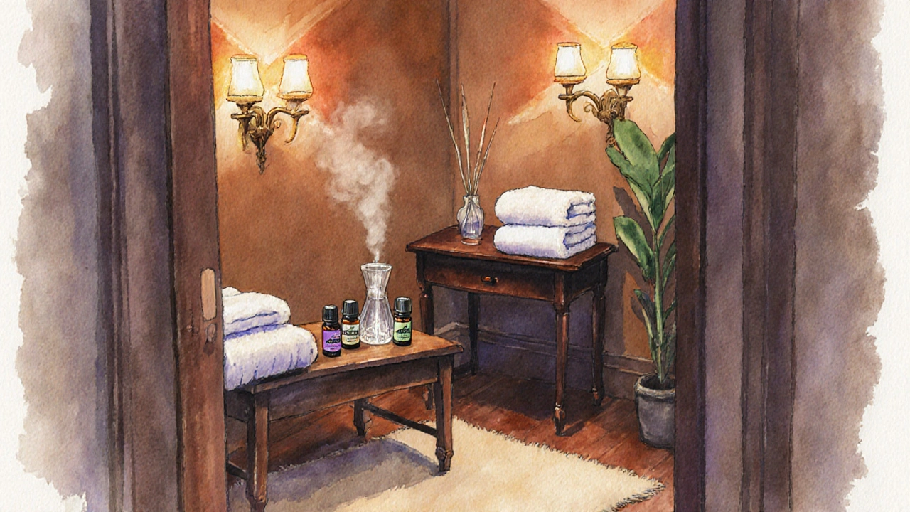 Intérieur tamisé d'une salle de massage avec bougies, huiles essentielles et serviettes moelleuses.