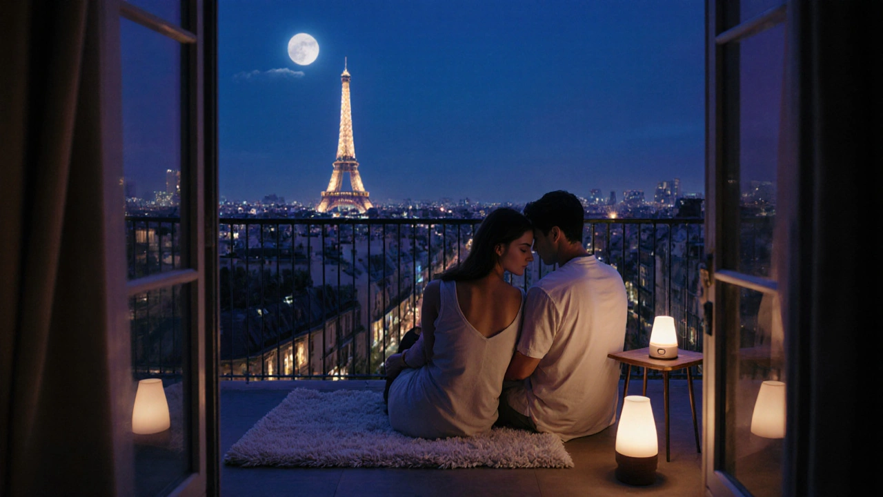 Le couple se détend sur un balcon parisien, profitant de la vue nocturne après le massage.