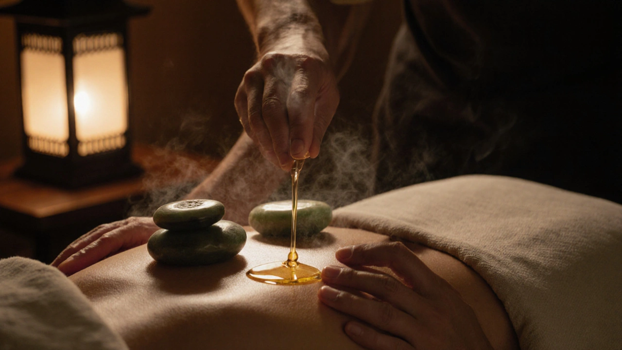 Main de masseur appliquant une huile chaude sur le dos avec des pierres de jade, dans une lumière douce et intime.