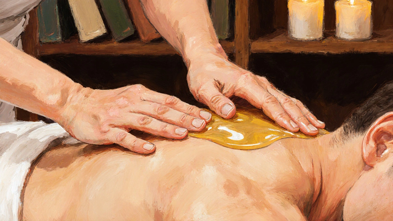 Mains d'un praticien massant doucement les épaules et le cou d'un client, dans une ambiance apaisante.