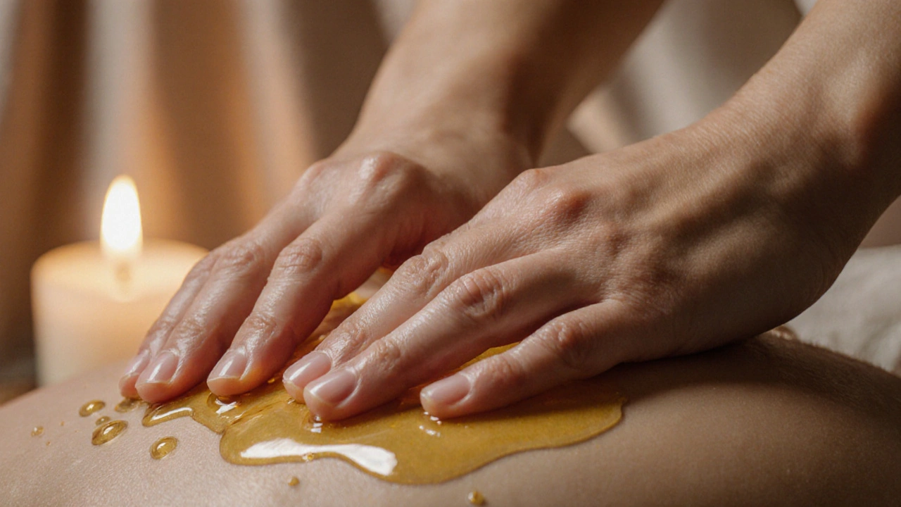 Mains massant un dos avec de l'huile dorée, éclairage doux et fond flou, dans un style artistique.