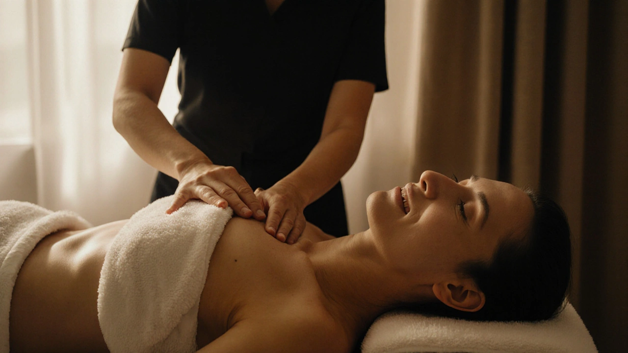 Massothérapeute massant doucement les épaules d&#039;une personne allongée et les yeux fermés.