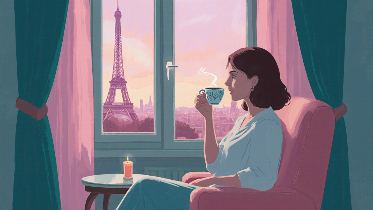 Personne détendue près d'une fenêtre avec vue sur la Tour Eiffel, dégustant du thé.