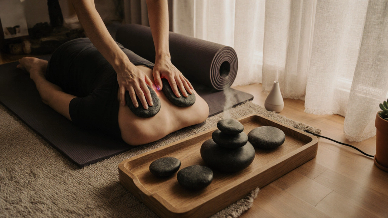 Personne pratiquant un massage aux pierres chaudes chez elle, entourée d&#039;une ambiance relaxante.