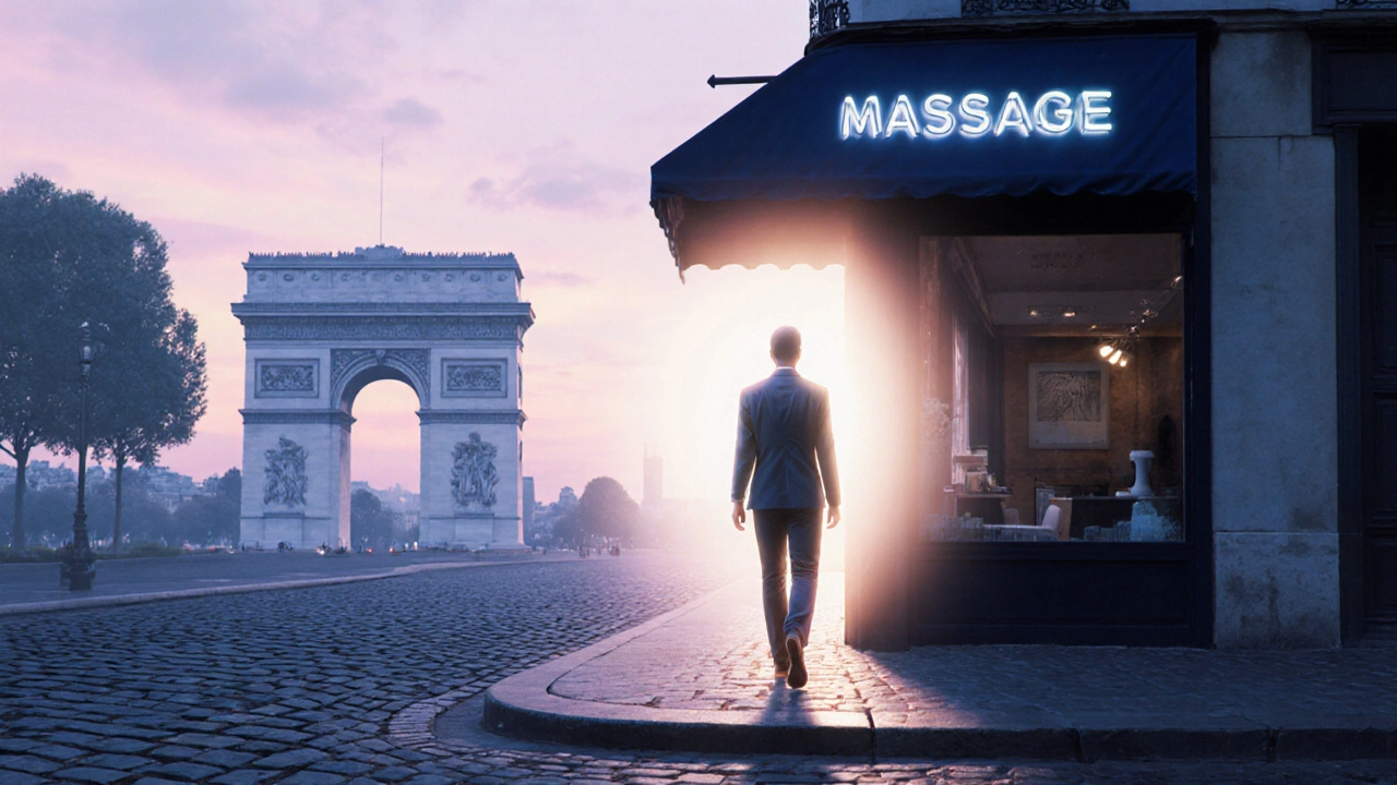 Personne revigorée sortant du salon, aura lumineuse, rues parisiennes au lever du jour.