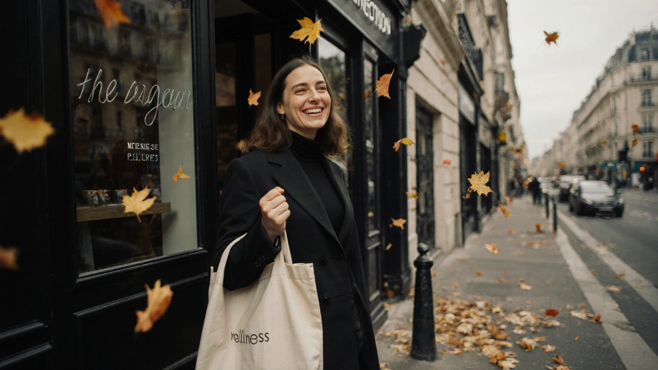 Personne souriante sortant d&#039;un salon de massage dans un quartier résidentiel de Paris.