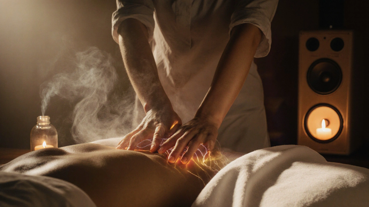 Photo réaliste d'une séance de massage tantrique avec lumière de bougies et énergie visible.