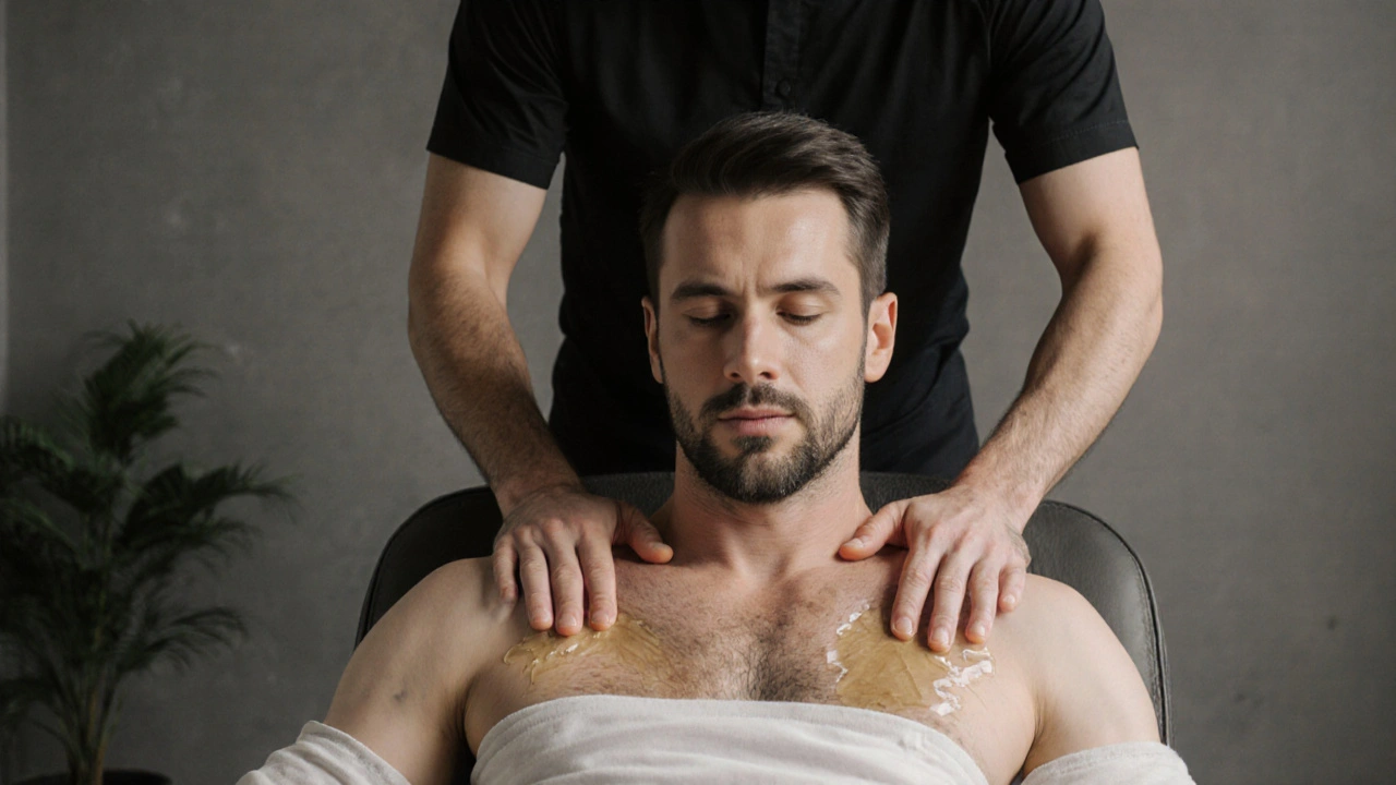 Praticien masseur appliquant un massage professionnel sur les épaules d'un homme.
