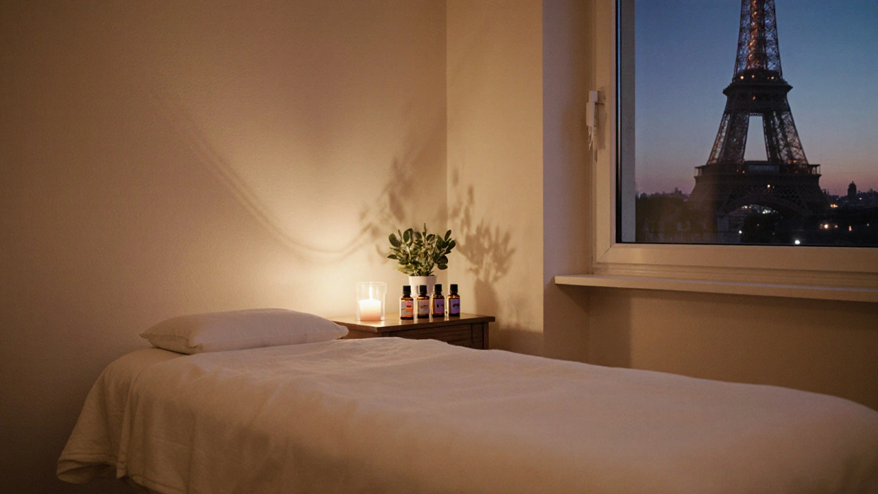 Salle de bien‑être calme à Paris 12 avec table de massage, bougies et vue sur la ville.