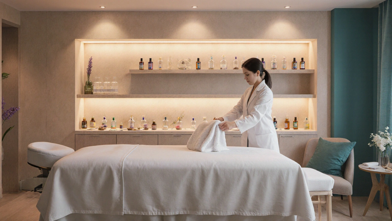 Salle de spa immaculée avec table de massage, éclairage tamisé et bouteilles d&#039;huiles essentielles.
