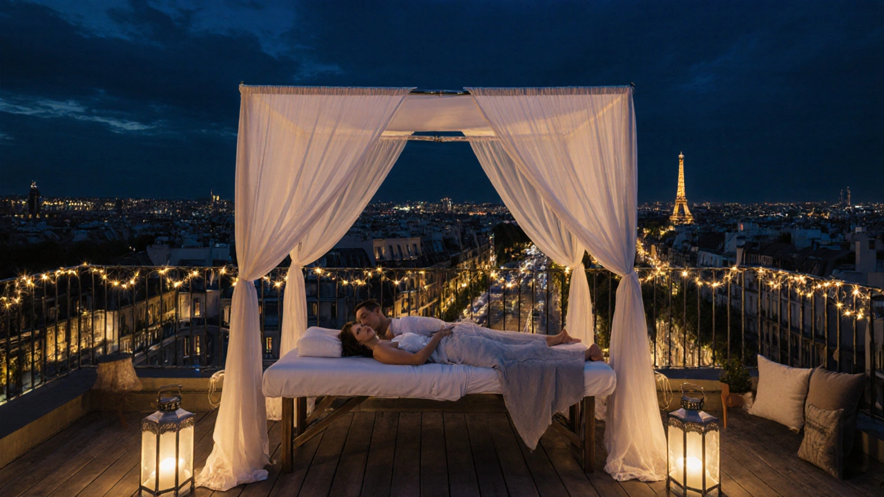 Scène nocturne sur une terrasse parisienne, un duo reçoit un massage sous les lumières de la ville et le ciel étoilé.