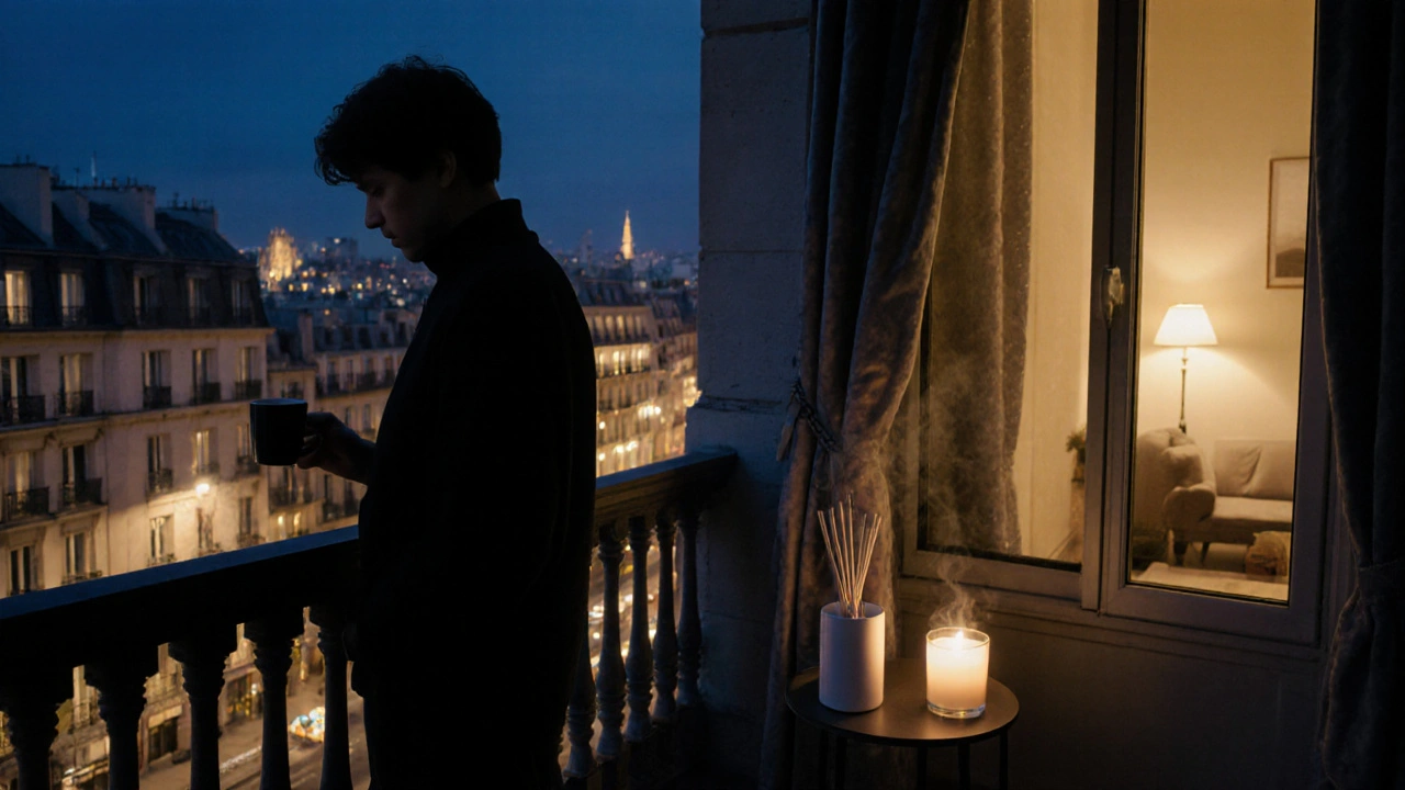 Silhouette sur un balcon parisien, détendue après une séance, avec diffuseur d&#039;arômes.