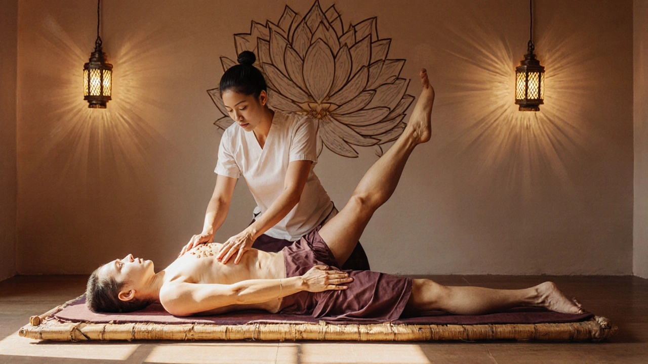 Thérapeute appliquant un massage thaïlandais, étirant un client sur un matelas bas.