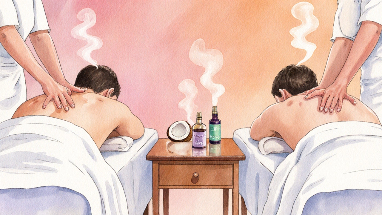 Thérapeute massant deux personnes simultanément, avec diffuseur d'arômes et huiles essentielles.