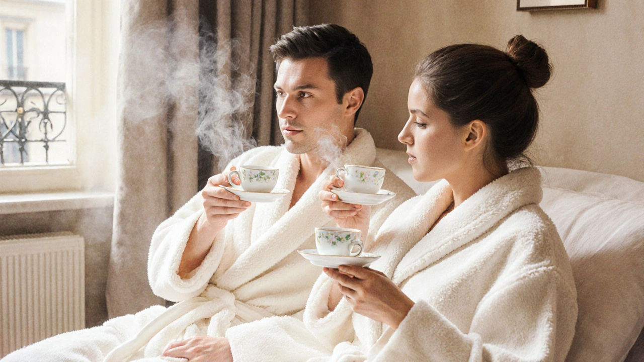 Un couple en peignoirs boit une tisane en silence dans un spa parisien, ambiance zen et apaisante.