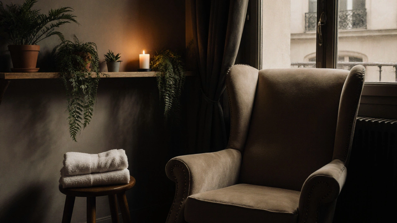 Atelier de massage crânien à Paris : rideaux en lin, plantes, lumière douce, ambiance calme.