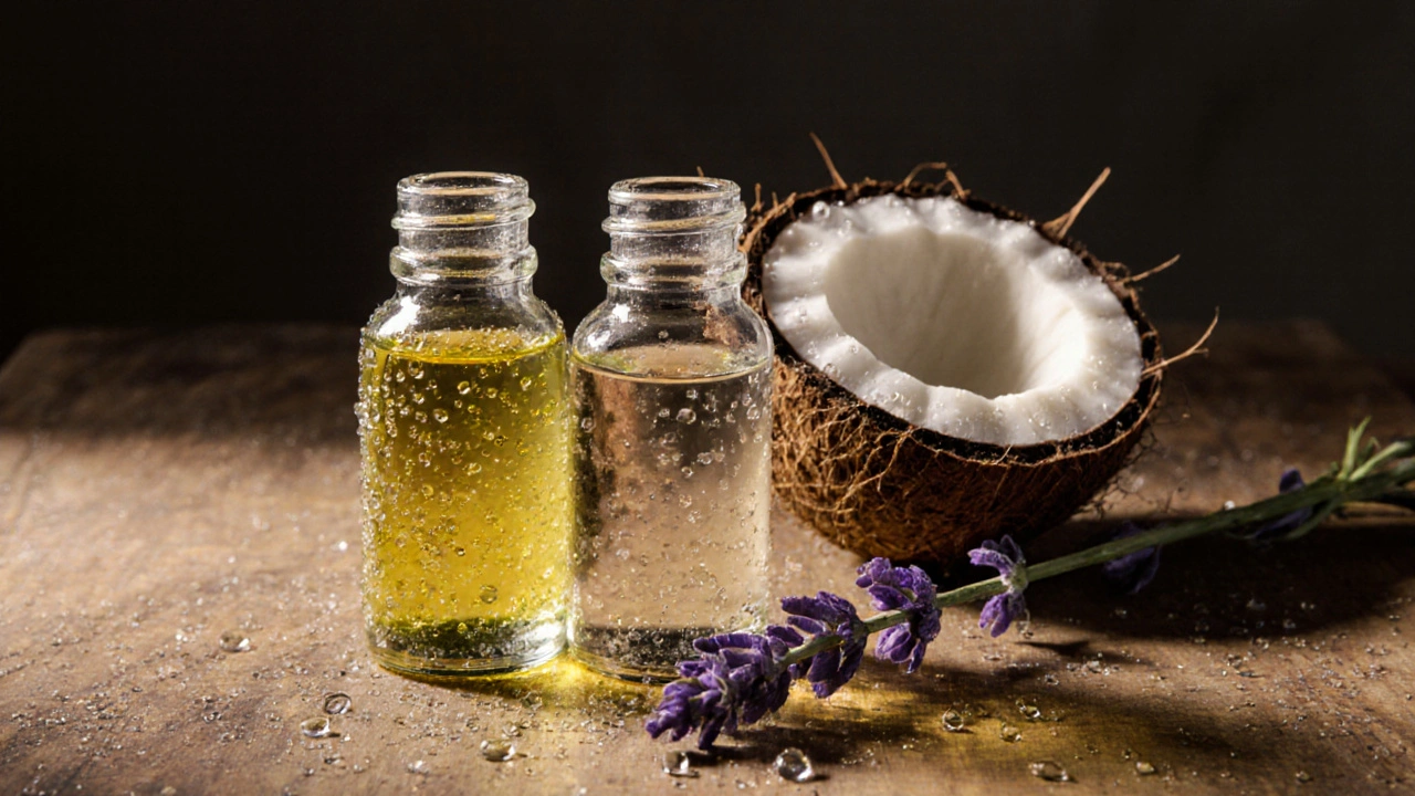 Bouteilles d&#039;huiles naturelles de noix de coco et lavande sur une table en bois brut, lumière matinale et brin de lavande.