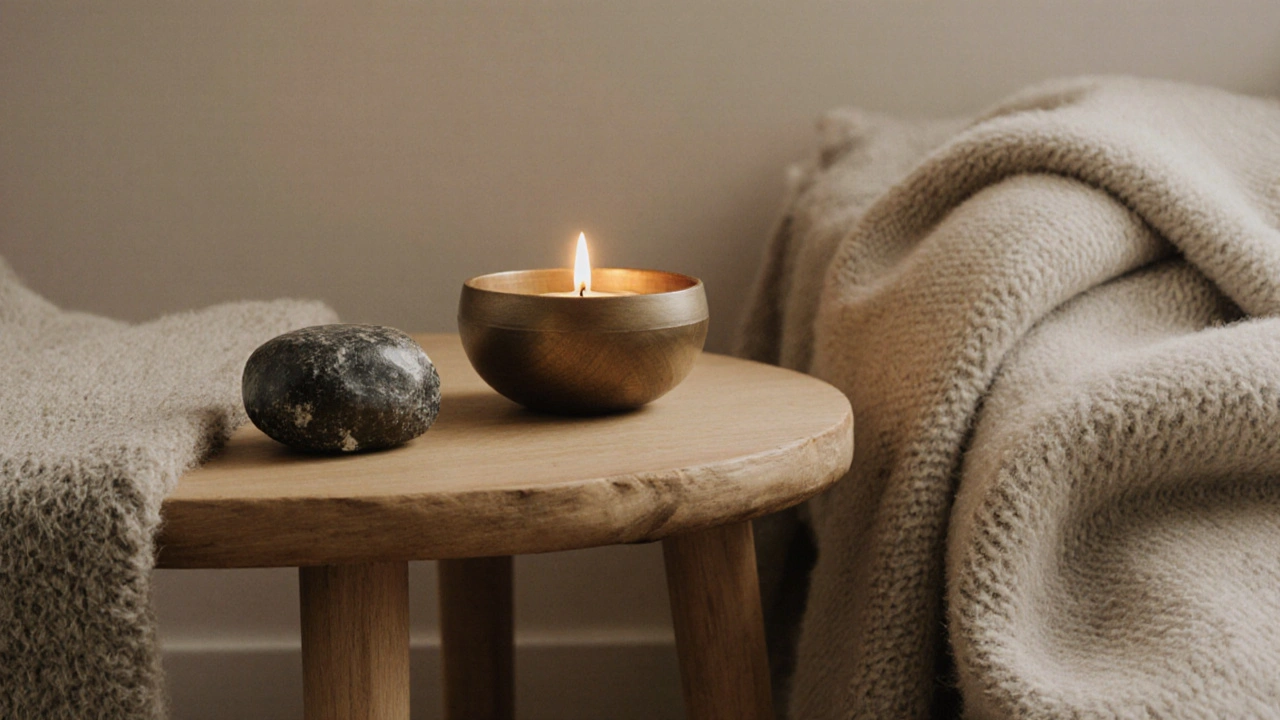 Coin de repos avec pierre de lave, bol tibétain et bougie, ambiance naturelle.