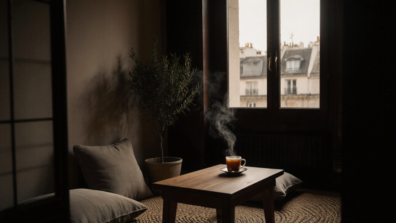 Coin détente avec thé, coussins et plante verte, sans personne, évoquant la sérénité après un massage.