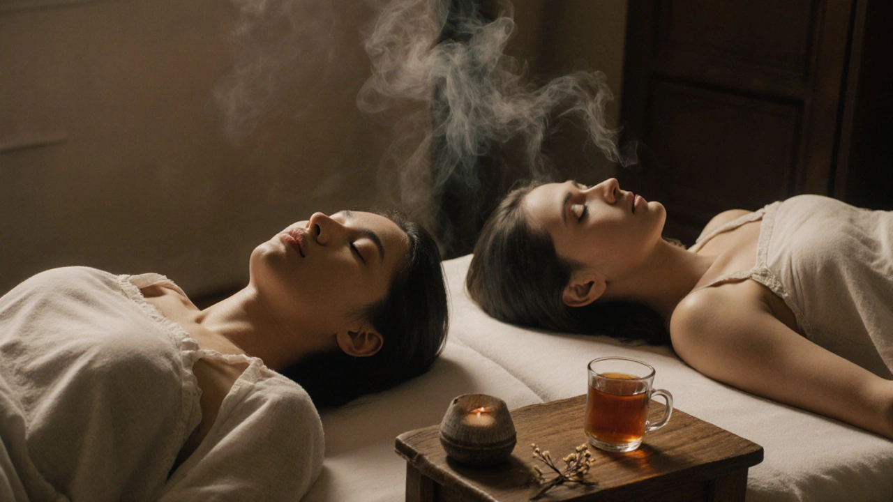 Couple allongé côte à côte en massage, dans un intérieur apaisant, avec une tisane et de l&#039;encens.