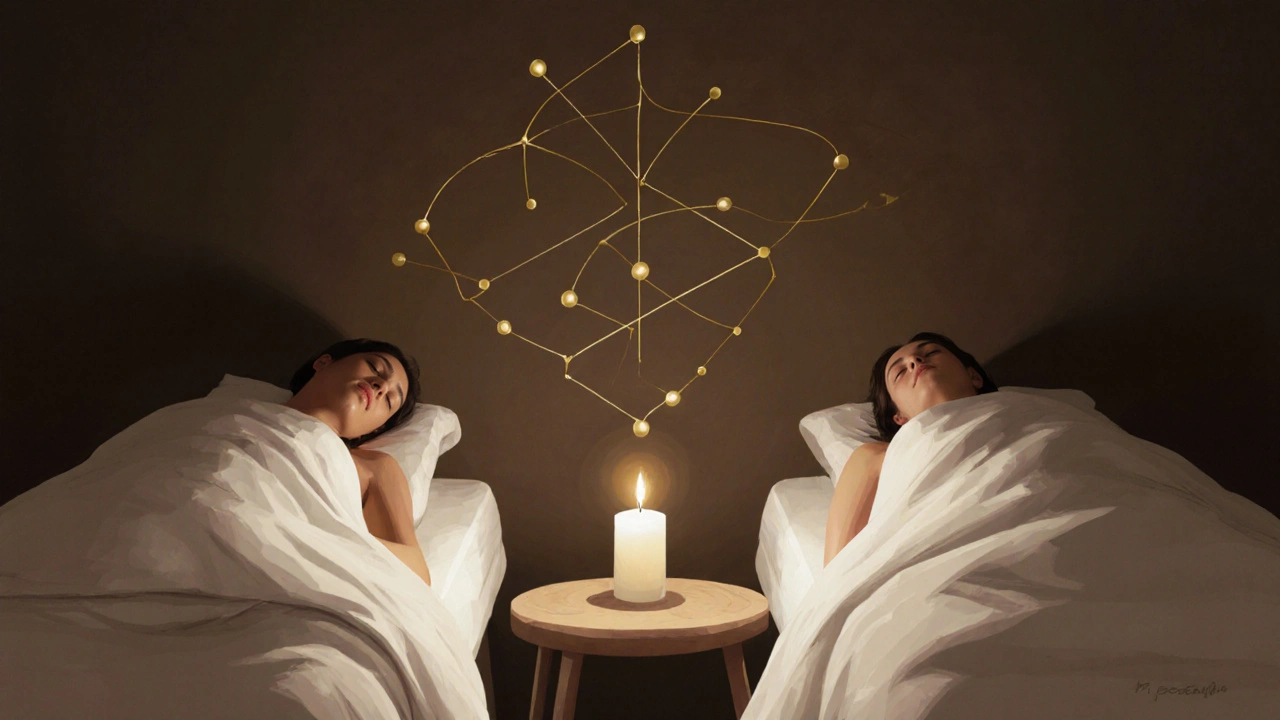 Couple allongé côte à côte en silence, chacun sur sa table de massage, dans une atmosphère calme et intime.