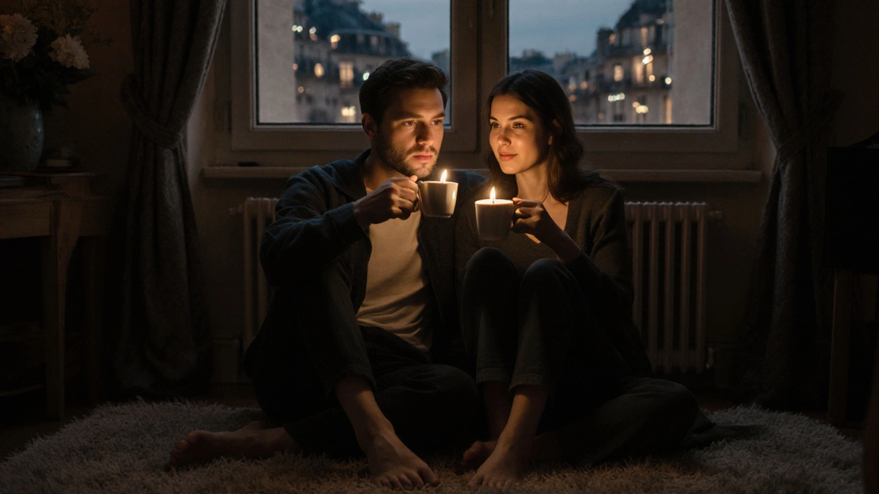 Couple silencieux buvant une tisane après un massage, bougies allumées, lumières de Paris en arrière-plan.