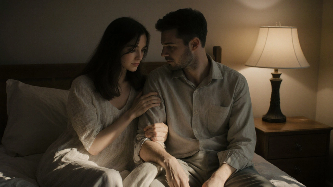 Couple silencieux en train de se masser doucement dans une chambre éclairée par une lampe.