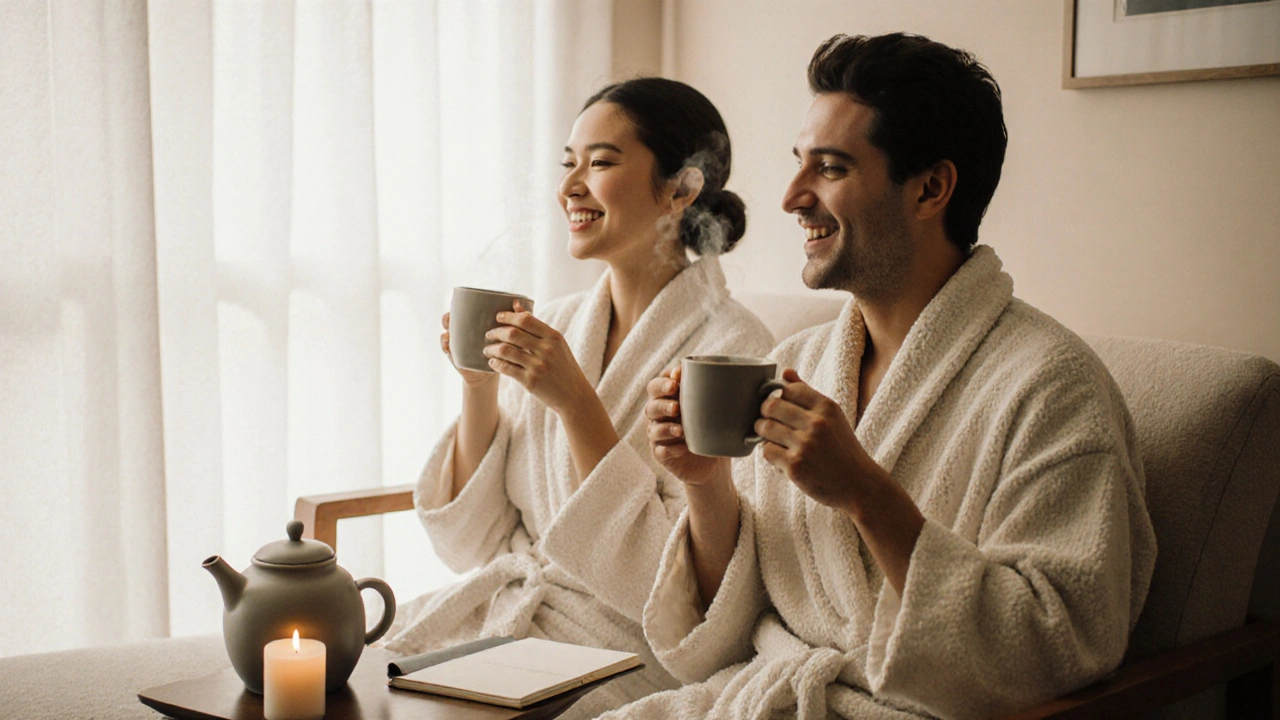 Couple souriant après un massage, vêtu de peignoirs, en train de boire une tisane dans un espace tranquille.