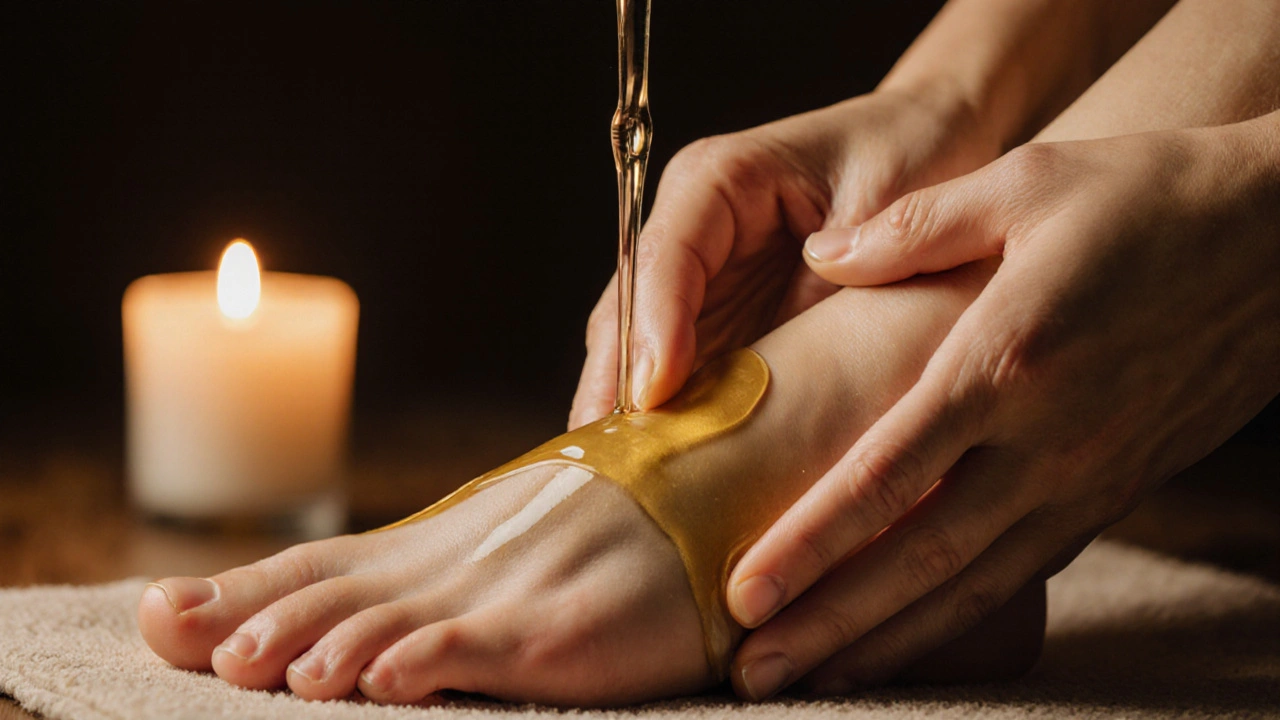 Des mains appliquant de l&#039;huile chaude sur les pieds, avec une bougie qui flotte en arrière-plan.