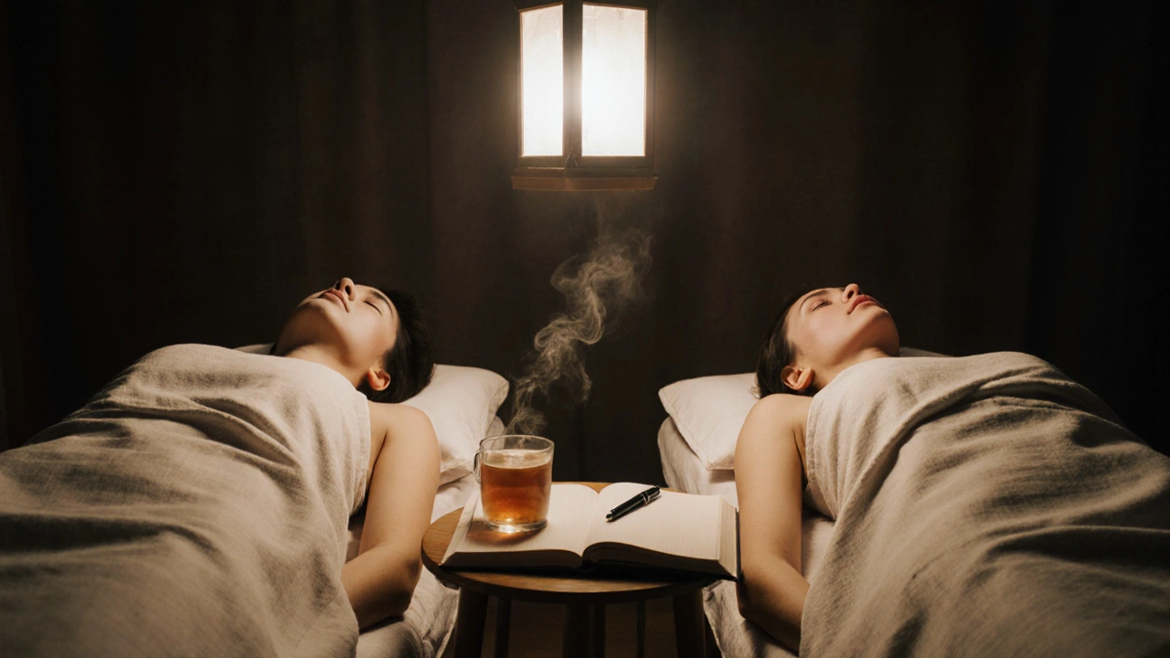 Deux personnes allongées côte à côte en massage, silencieuses et détendues, avec une tasse de tisane et un journal à proximité.