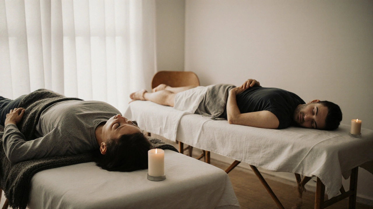 Deux personnes allongées en silence sur des tables de massage, dans une pièce apaisante et épurée.