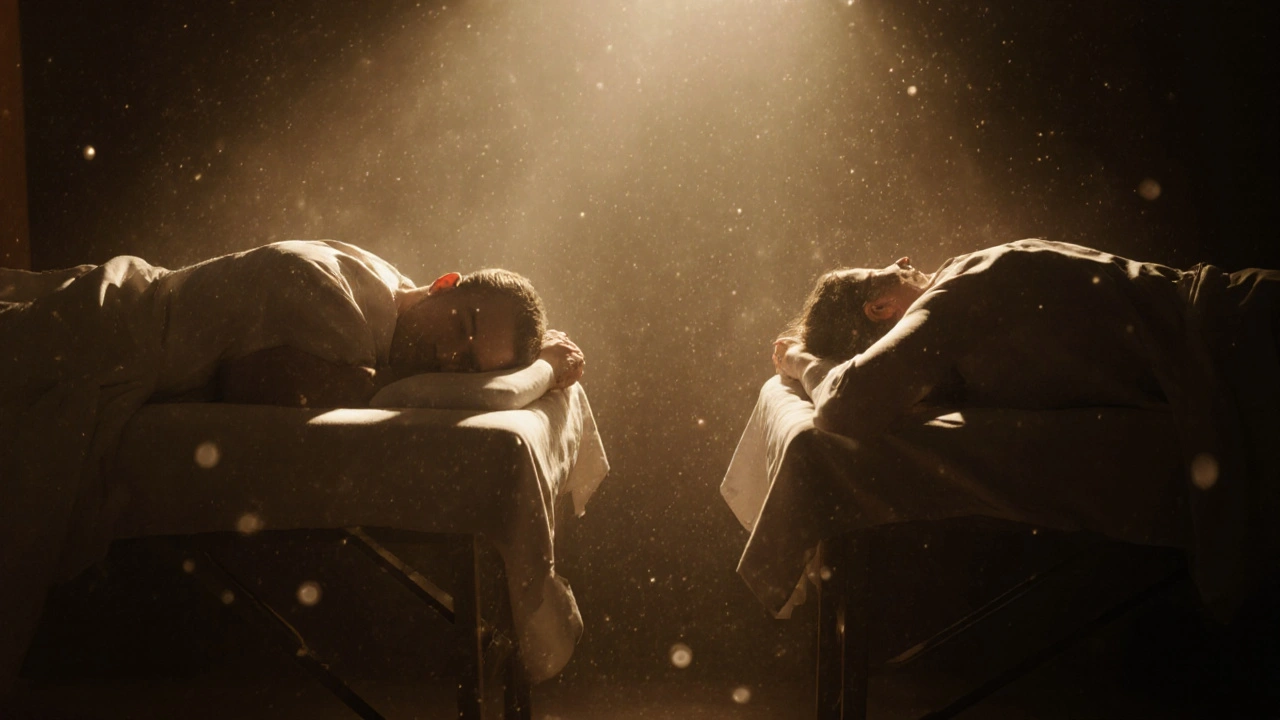 Deux silhouettes allongées côte à côte dans un salon de massage en duo, dans une lumière tamisée.