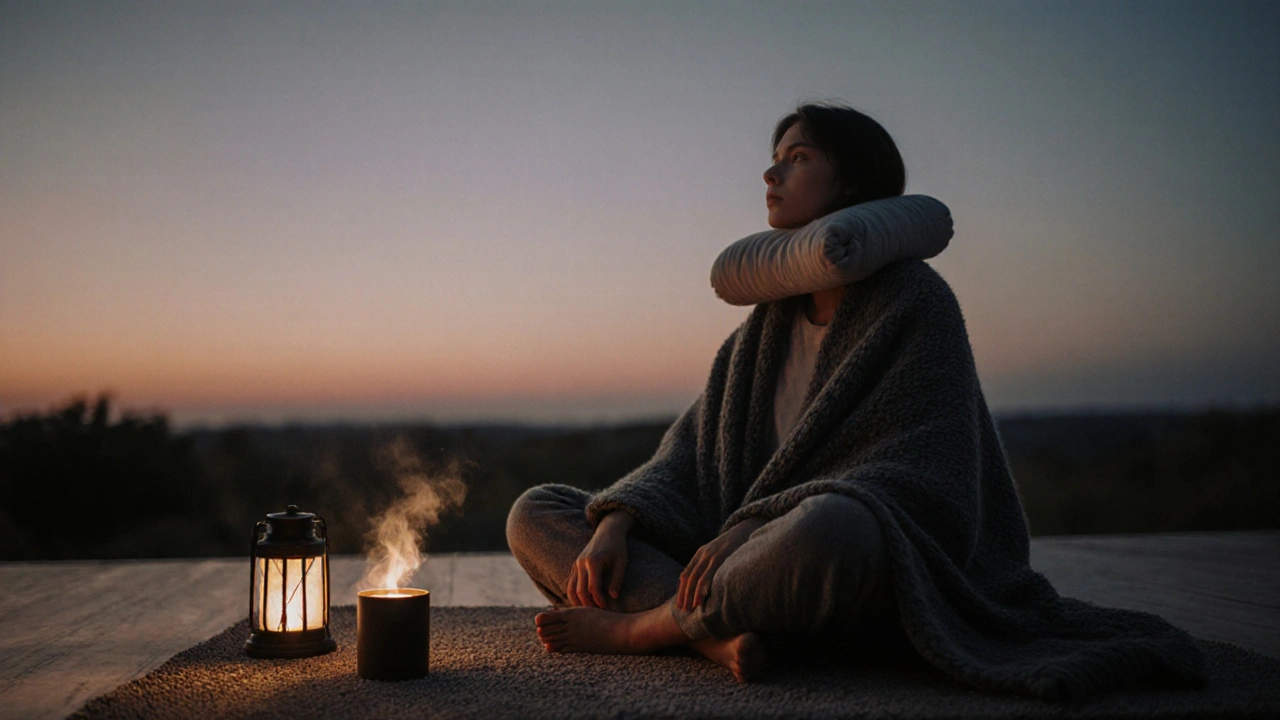 Espace de détente à la maison : couverture en laine, bougie, tisane et coussin, dans une ambiance calme et intime.
