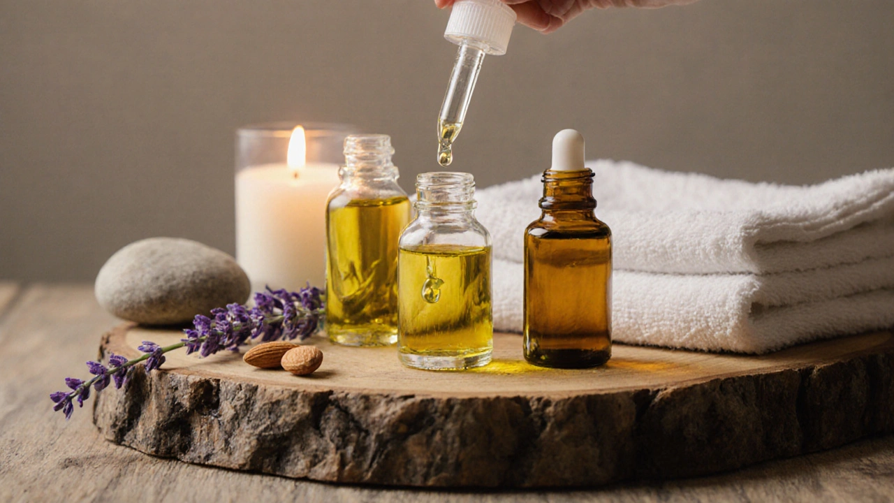Huiles végétales naturelles posées sur du bois, quelques gouttes en train de tomber, bougie allumée en arrière-plan.